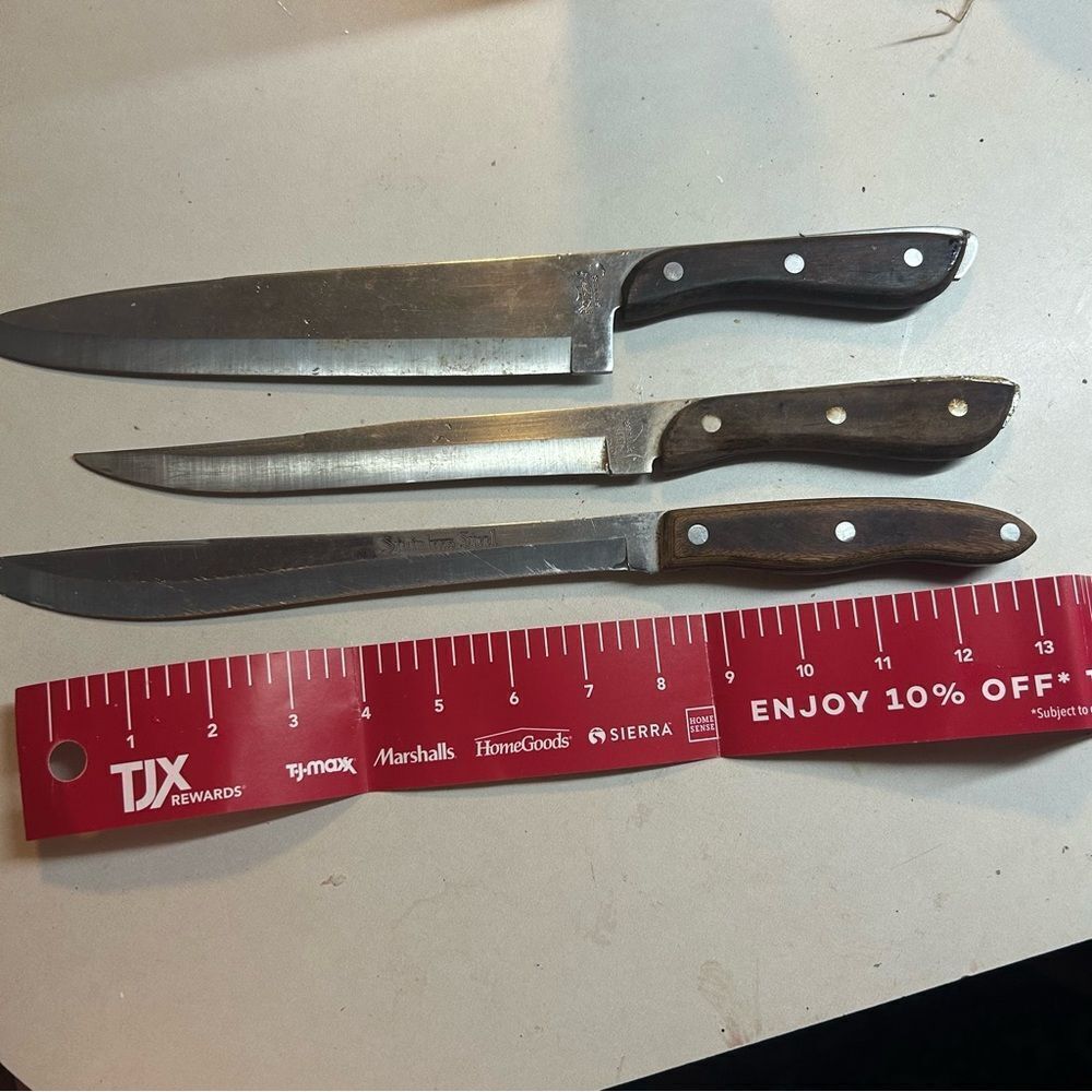 3 vintage Chefs Knives 9” Intetpur 9” RS stainless 8” RS stainless